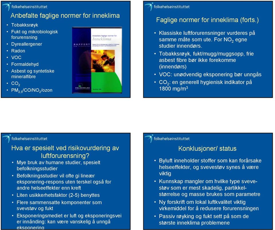 Tobakksrøyk, fukt/mugg/muggsopp, frie asbest fibre bør ikke forekomme (innendørs) VOC: unødvendig eksponering bør unngås CO 2 : en generell hygienisk indikator på 18 mg/m 3 Hva er spesielt ved