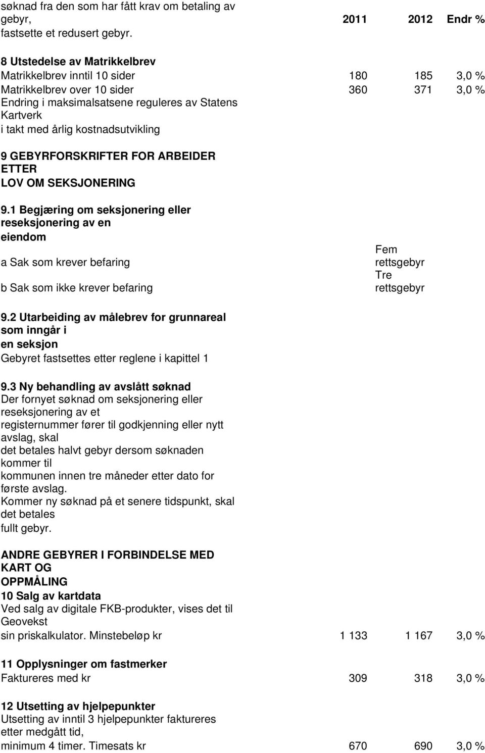 kostnadsutvikling 9 GEBYRFORSKRIFTER FOR ARBEIDER ETTER LOV OM SEKSJONERING 9.