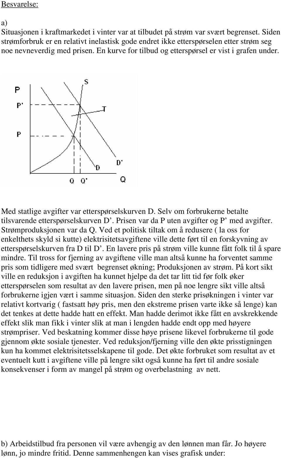 Med statlige avgifter var etterspørselskurven D. Selv om forbrukerne betalte tilsvarende etterspørselskurven D. Prisen var da P uten avgifter og P med avgifter. Strømproduksjonen var da Q.