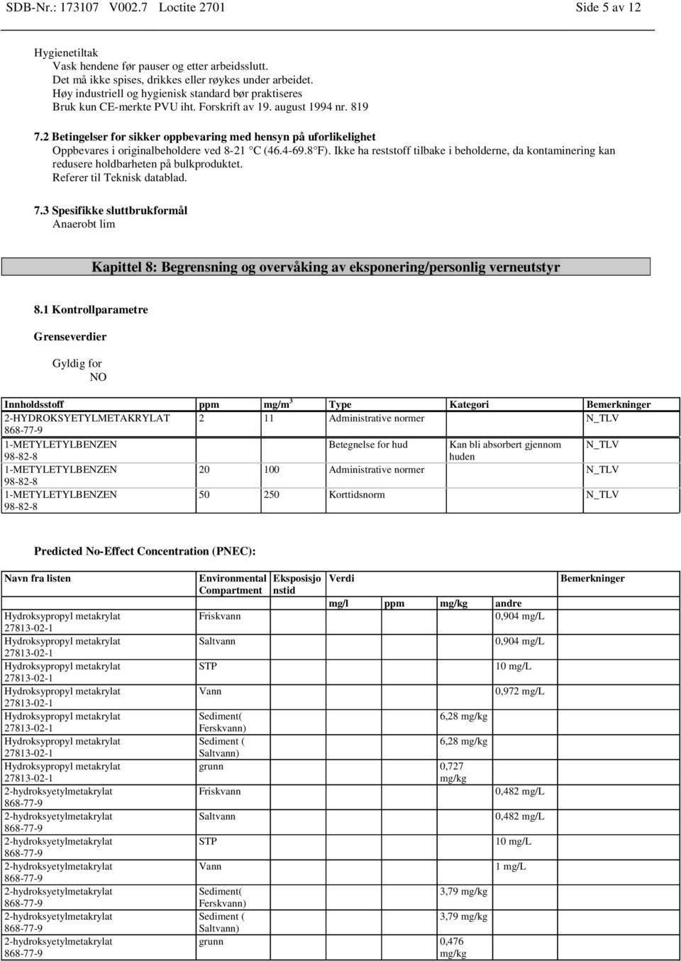 2 Betingelser for sikker oppbevaring med hensyn på uforlikelighet Oppbevares i originalbeholdere ved 8-21 C (46.4-69.8 F).