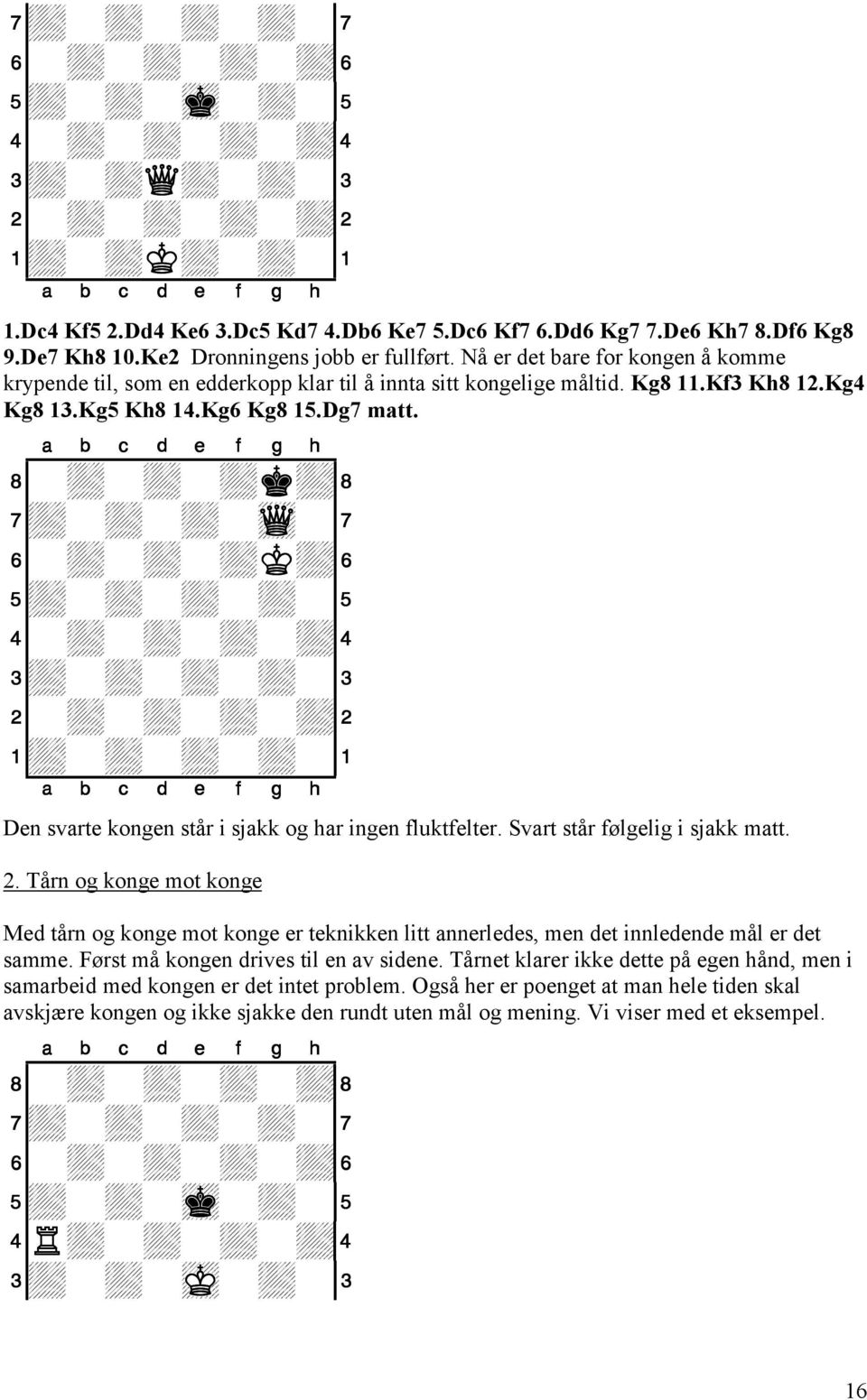 8-+-+-+k+( 7+-+-+-wQ-' 6-+-+-+K+& 5+-+-+-+-% 4-+-+-+-+$ 3+-+-+-+-# 2-+-+-+-+" 1+-+-+-+-! Den svarte kongen står i sjakk og har ingen fluktfelter. Svart står følgelig i sjakk matt. 2. Tårn og konge mot konge Med tårn og konge mot konge er teknikken litt annerledes, men det innledende mål er det samme.