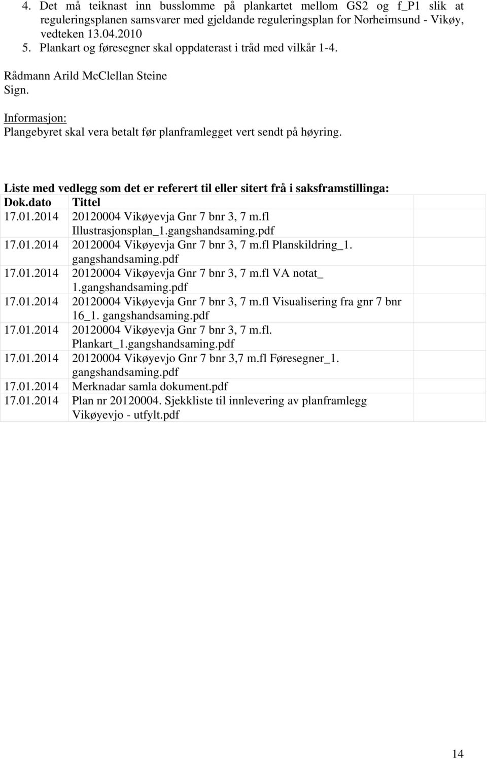 Liste med vedlegg som det er referert til eller sitert frå i saksframstillinga: Dok.dato Tittel 17.01.2014 20120004 Vikøyevja Gnr 7 bnr 3, 7 m.fl Illustrasjonsplan_1.gangshandsaming.pdf 17.01.2014 20120004 Vikøyevja Gnr 7 bnr 3, 7 m.fl Planskildring_1.