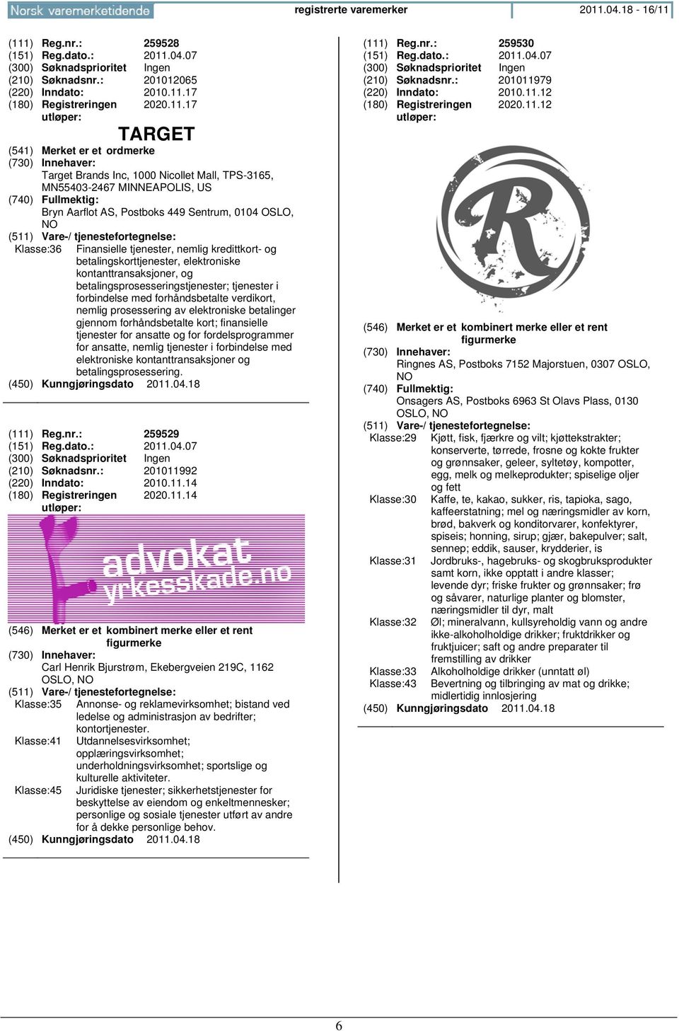 (111) Reg.nr.: 259528 (151) Reg.dato.: 2011.04.07 (210) Søknadsnr.: 201012065 (220) Inndato: 2010.11.17 2020.11.17 TARGET Target Brands Inc, 1000 Nicollet Mall, TPS-3165, MN55403-2467 MINNEAPOLIS, US