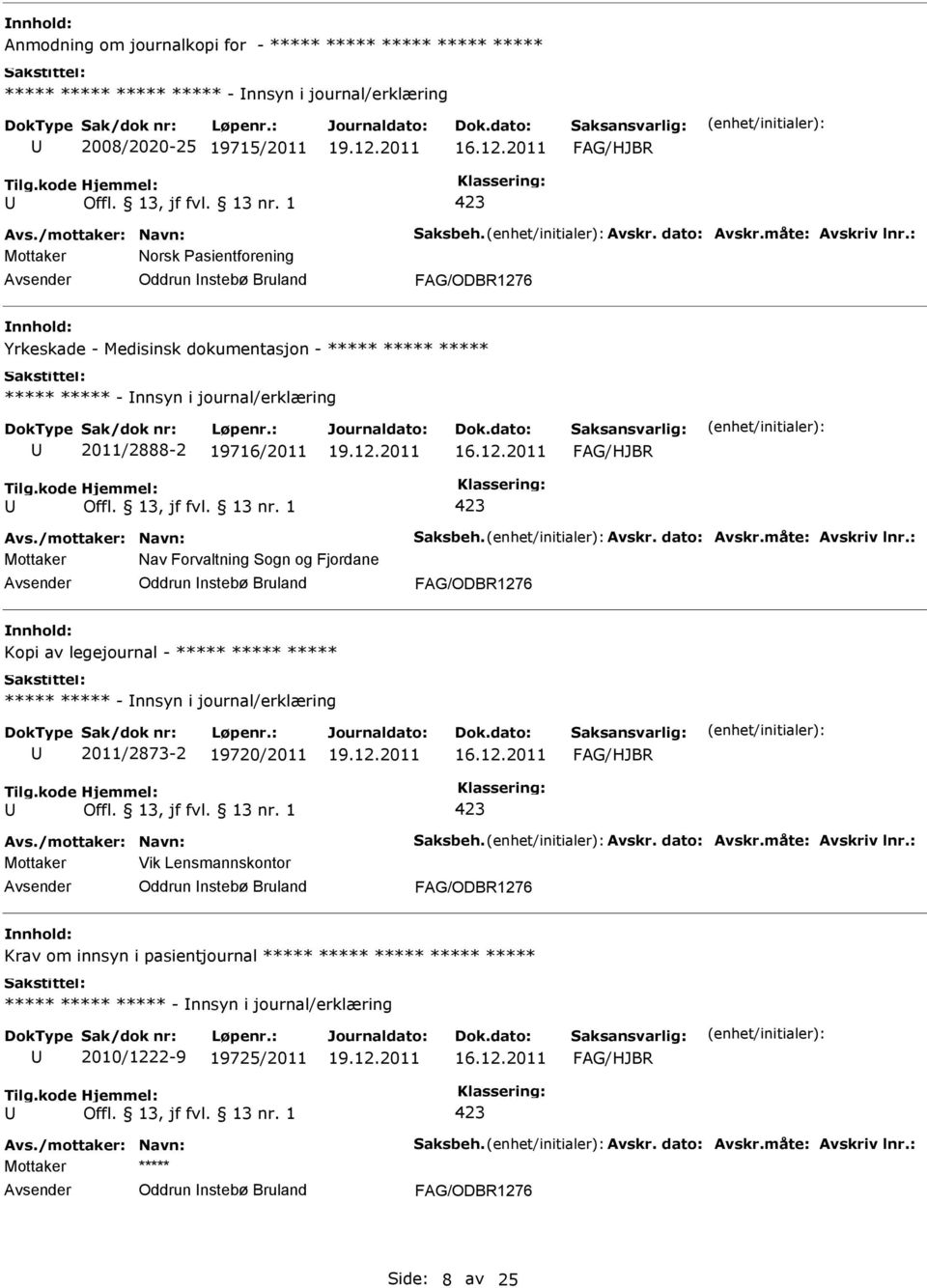 og Fjordane Oddrun nstebø Bruland Kopi av legejournal - ***** ***** ***** ***** ***** - nnsyn i journal/erklæring 2011/2873-2 19720/2011 Mottaker Vik Lensmannskontor Oddrun