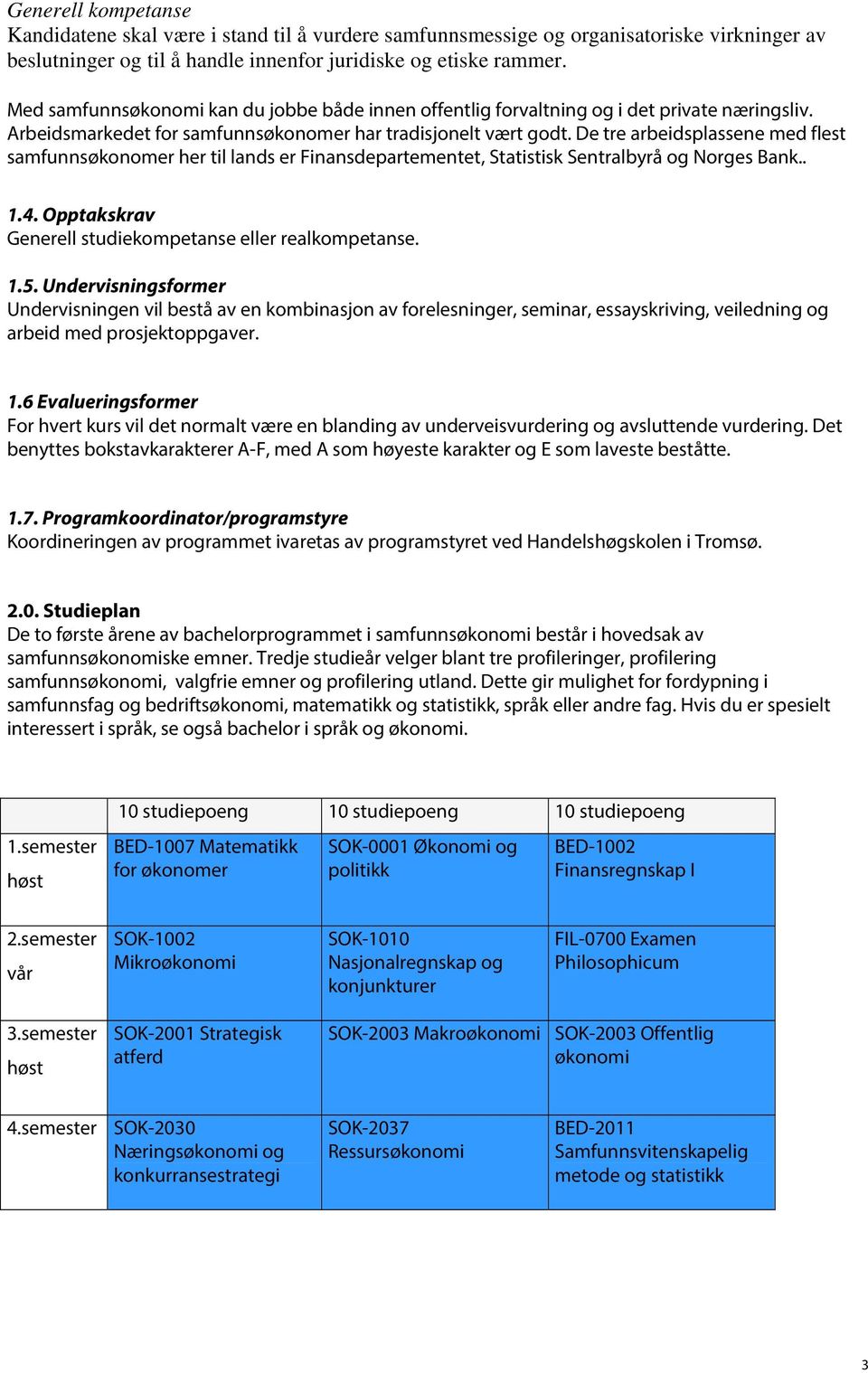 De tre arbeidsplassene med flest samfunnsøkonomer her til lands er Finansdepartementet, Statistisk Sentralbyrå og Norges Bank.. 1.4. Opptakskrav Generell studiekompetanse eller realkompetanse. 1.5.