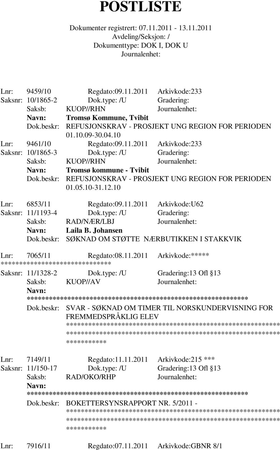 05.10-31.12.10 Lnr: 6853/11 Regdato:09.11.2011 Arkivkode:U62 Saksnr: 11/1193-4 Dok.type: /U Gradering: Saksb: RAD/NÆR/LBJ Laila B. Johansen Dok.