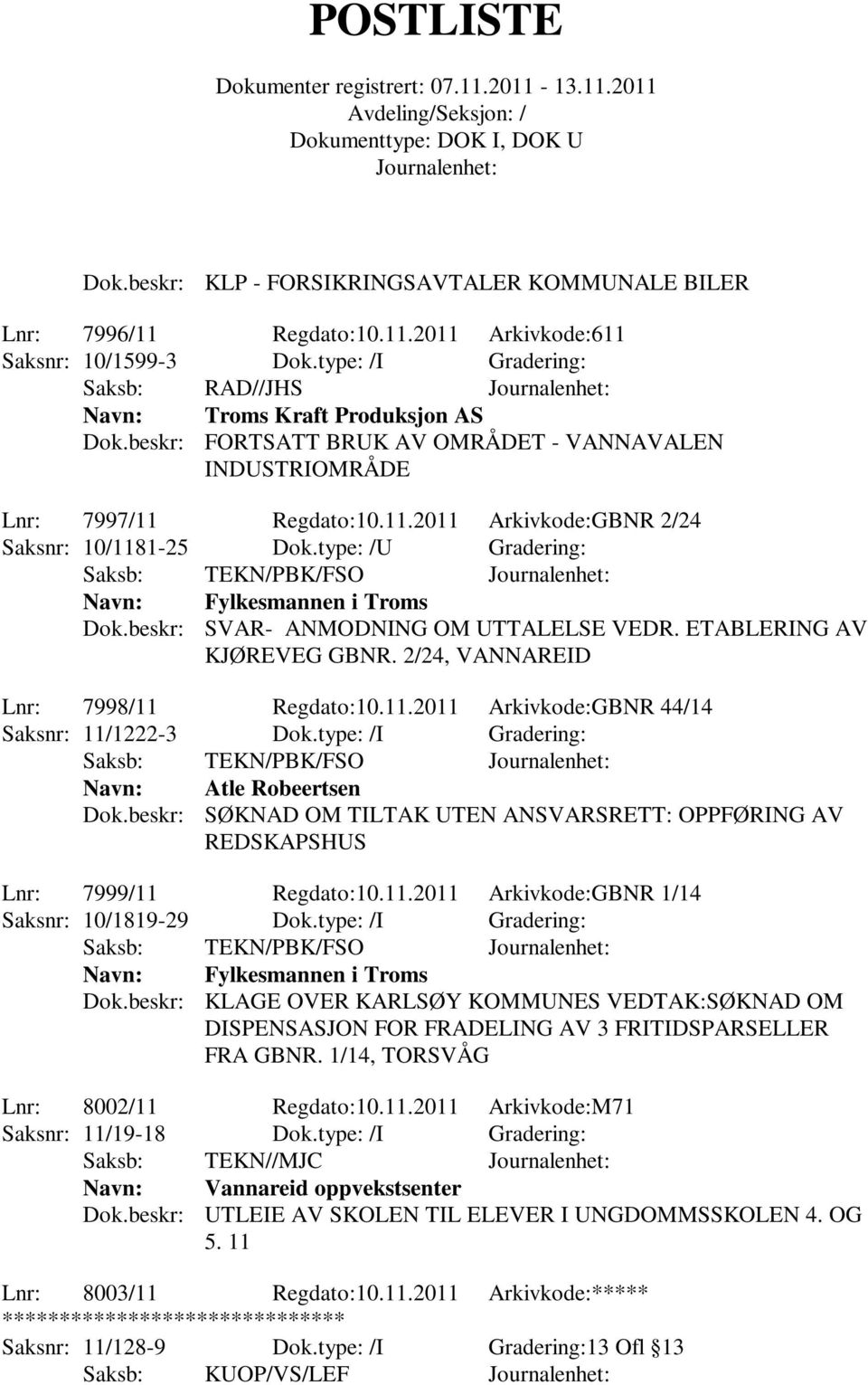 beskr: SVAR- ANMODNING OM UTTALELSE VEDR. ETABLERING AV KJØREVEG GBNR. 2/24, VANNAREID Lnr: 7998/11 Regdato:10.11.2011 Arkivkode:GBNR 44/14 Saksnr: 11/1222-3 Dok.