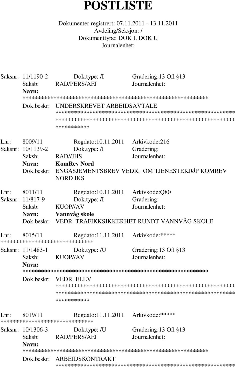 type: /I Gradering: Saksb: KUOP//AV Vannvåg skole Dok.beskr: VEDR. TRAFIKKSIKKERHET RUNDT VANNVÅG SKOLE Lnr: 8015/11 Regdato:11.11.2011 Arkivkode:***** ******** Saksnr: 11/1483-1 Dok.