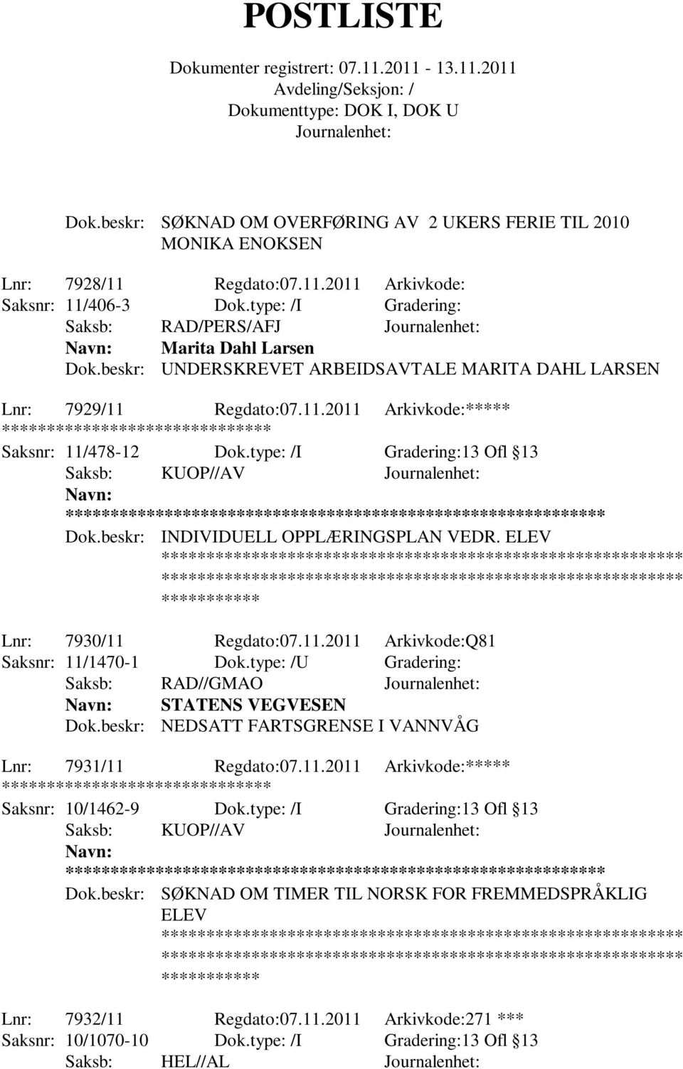 beskr: INDIVIDUELL OPPLÆRINGSPLAN VEDR. ELEV Lnr: 7930/11 Regdato:07.11.2011 Arkivkode:Q81 Saksnr: 11/1470-1 Dok.type: /U Gradering: Saksb: RAD//GMAO STATENS VEGVESEN Dok.