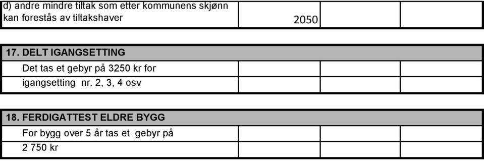 DELT IGANGSETTING Det tas et gebyr på 3250 kr for