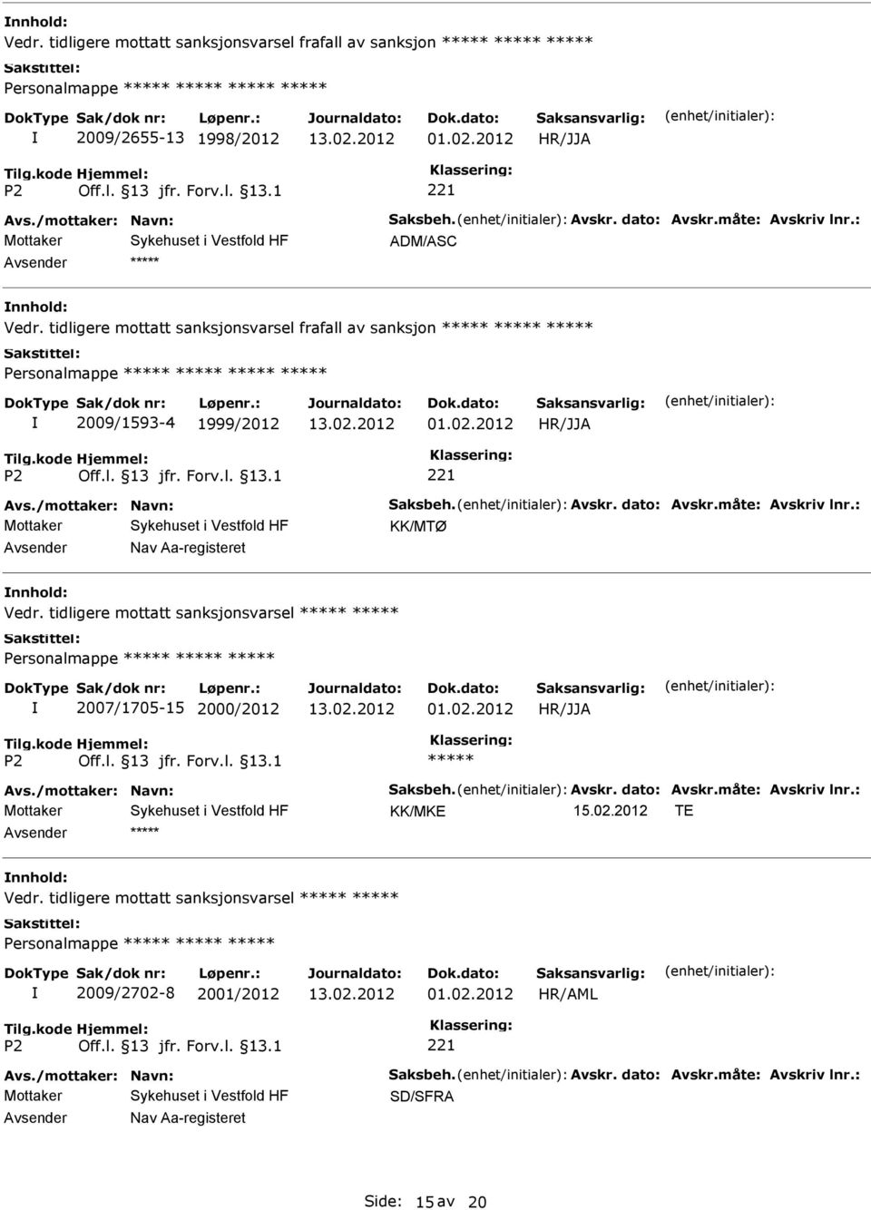 : KK/MTØ Nav Aa-registeret Vedr. tidligere mottatt sanksjonsvarsel Personalmappe 2007/1705-15 2000/2012 01.02.2012 Avs./mottaker: Navn: Saksbeh. Avskr. dato: Avskr.