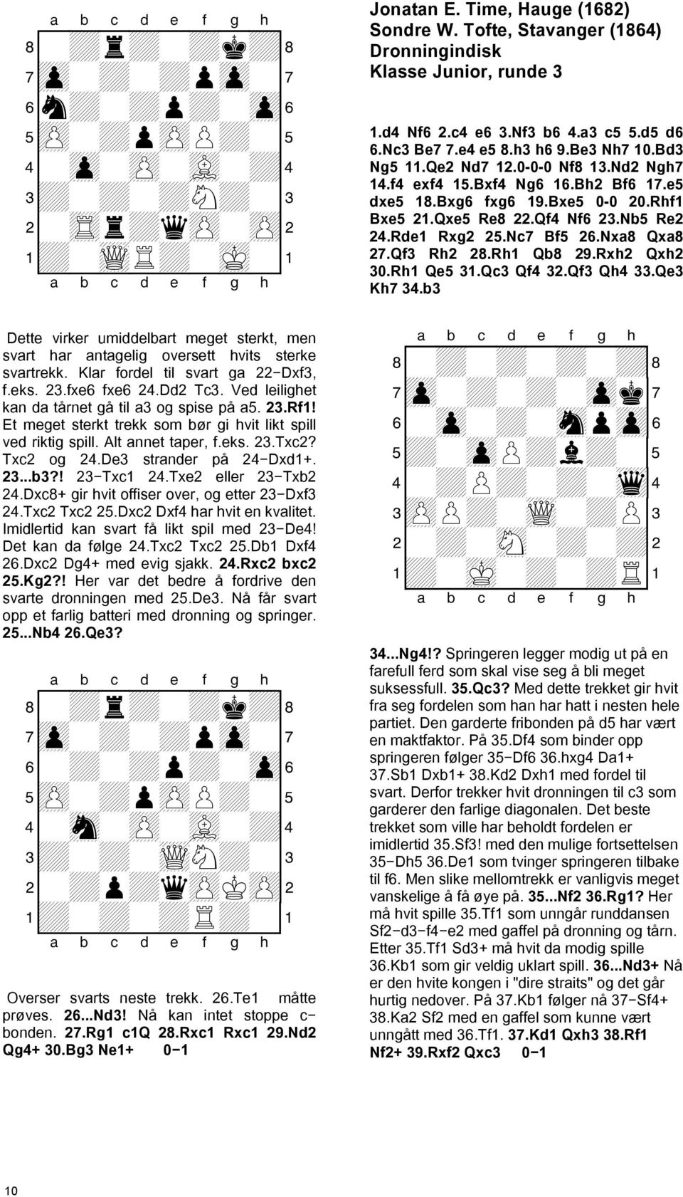 Ved leilighet kan da tårnet gå til a3 og spise på a5. 23.Rf1! Et meget sterkt trekk som bør gi hvit likt spill ved riktig spill. Alt annet taper, f.eks. 23.Txc2? Txc2 og 24.De3 strander på 24 Dxd1+.
