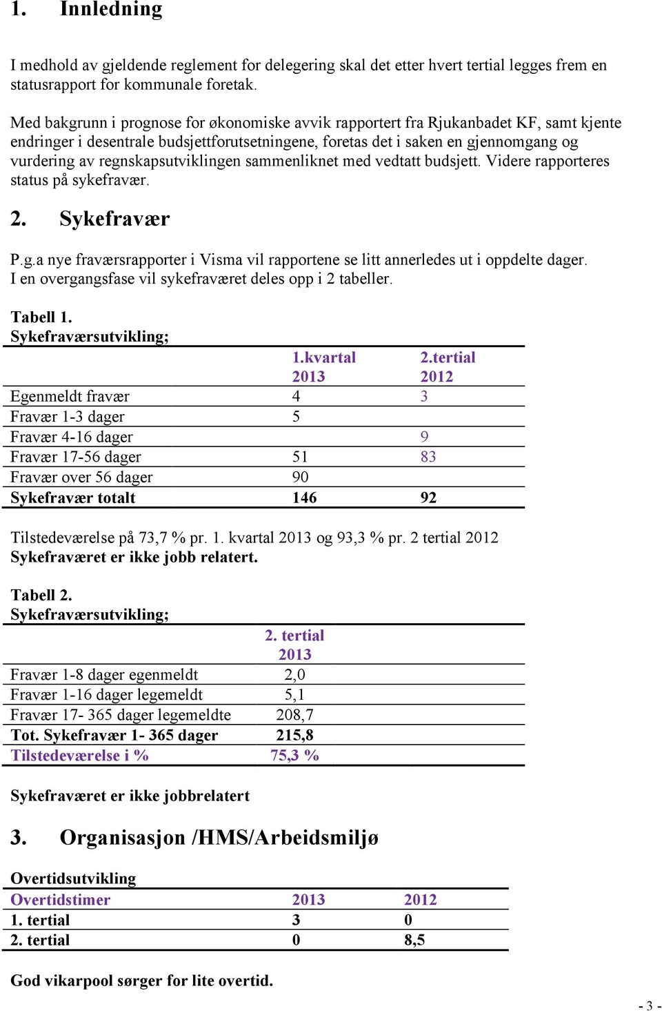 regnskapsutviklingen sammenliknet med vedtatt budsjett. Videre rapporteres status på sykefravær. 2. Sykefravær P.g.a nye fraværsrapporter i Visma vil rapportene se litt annerledes ut i oppdelte dager.