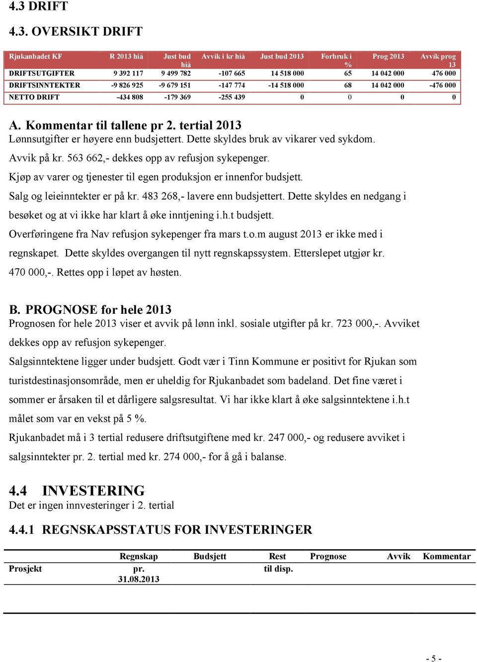 tertial 2013 Lønnsutgifter er høyere enn budsjettert. Dette skyldes bruk av vikarer ved sykdom. Avvik på kr. 563 662,- dekkes opp av refusjon sykepenger.