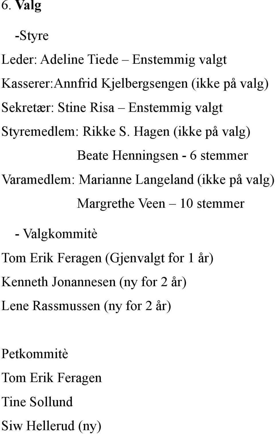 Hagen (ikke på valg) Beate Henningsen - 6 stemmer Varamedlem: Marianne Langeland (ikke på valg) Margrethe Veen 10