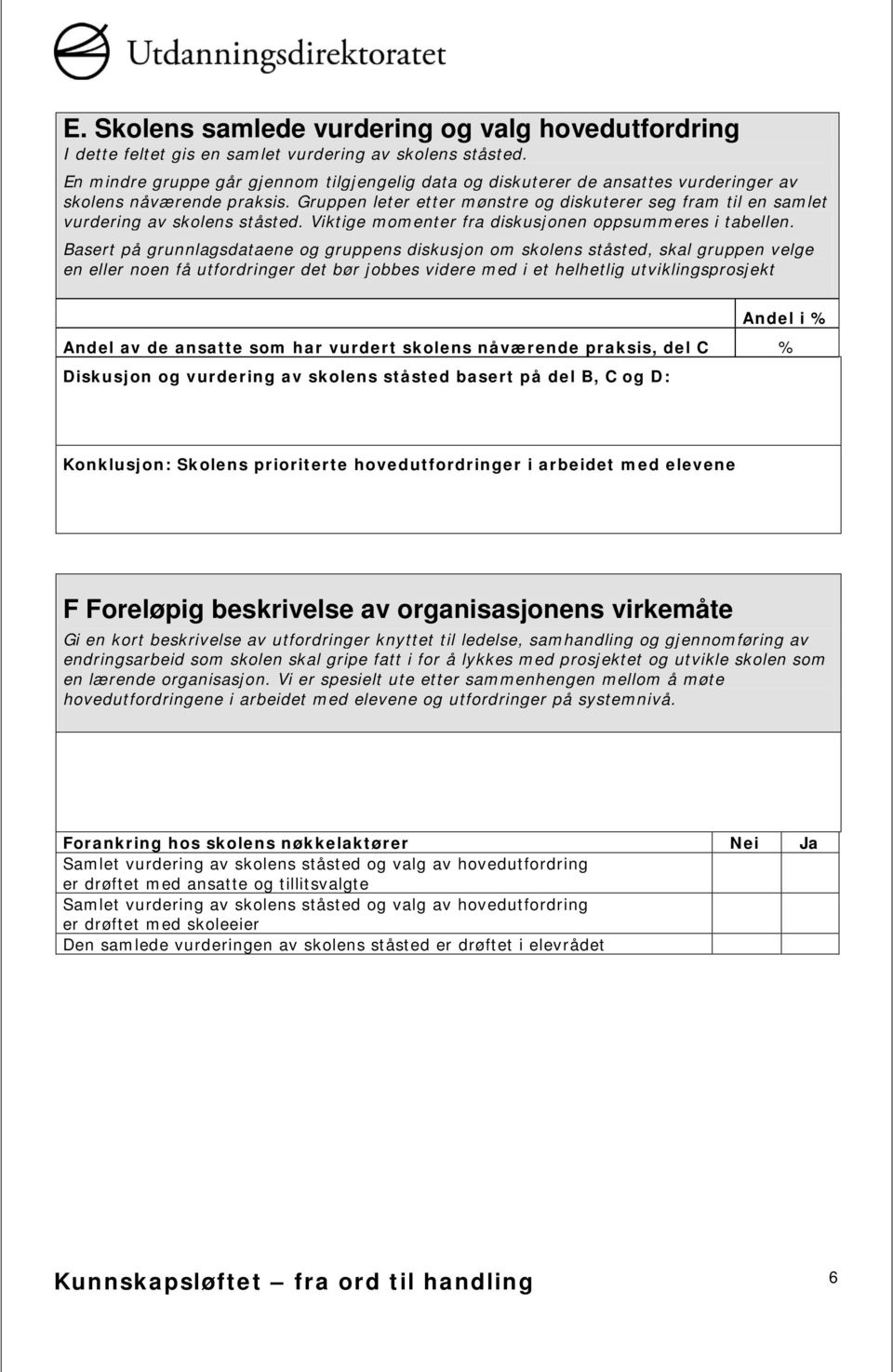 Gruppen leter etter mønstre og diskuterer seg fram til en samlet vurdering av skolens ståsted. Viktige momenter fra diskusjonen oppsummeres i tabellen.