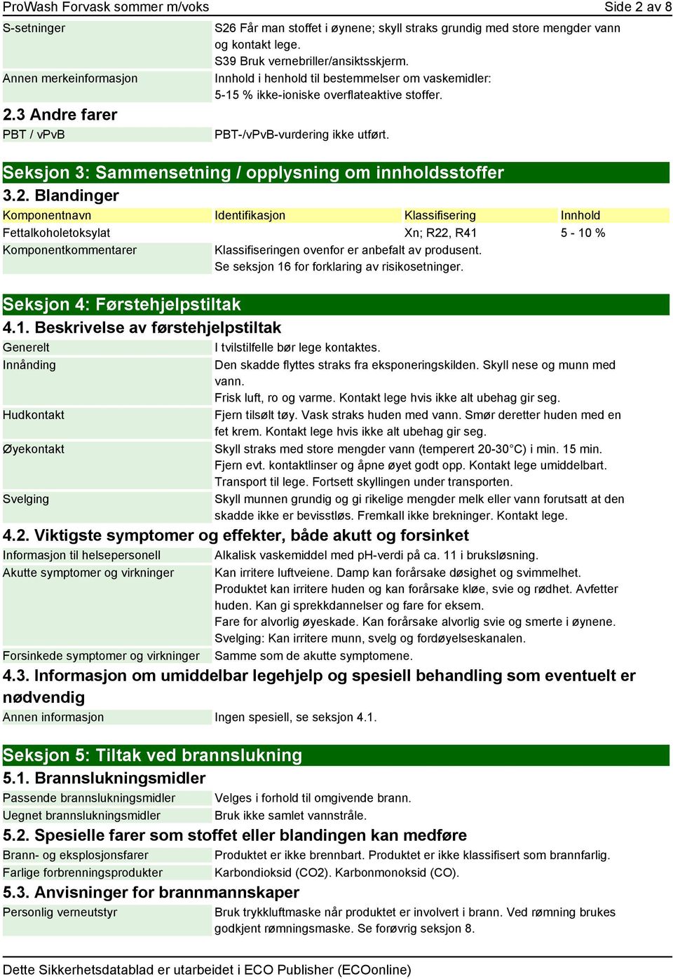 Seksjon 3: Sammensetning / opplysning om innholdsstoffer 3.2.