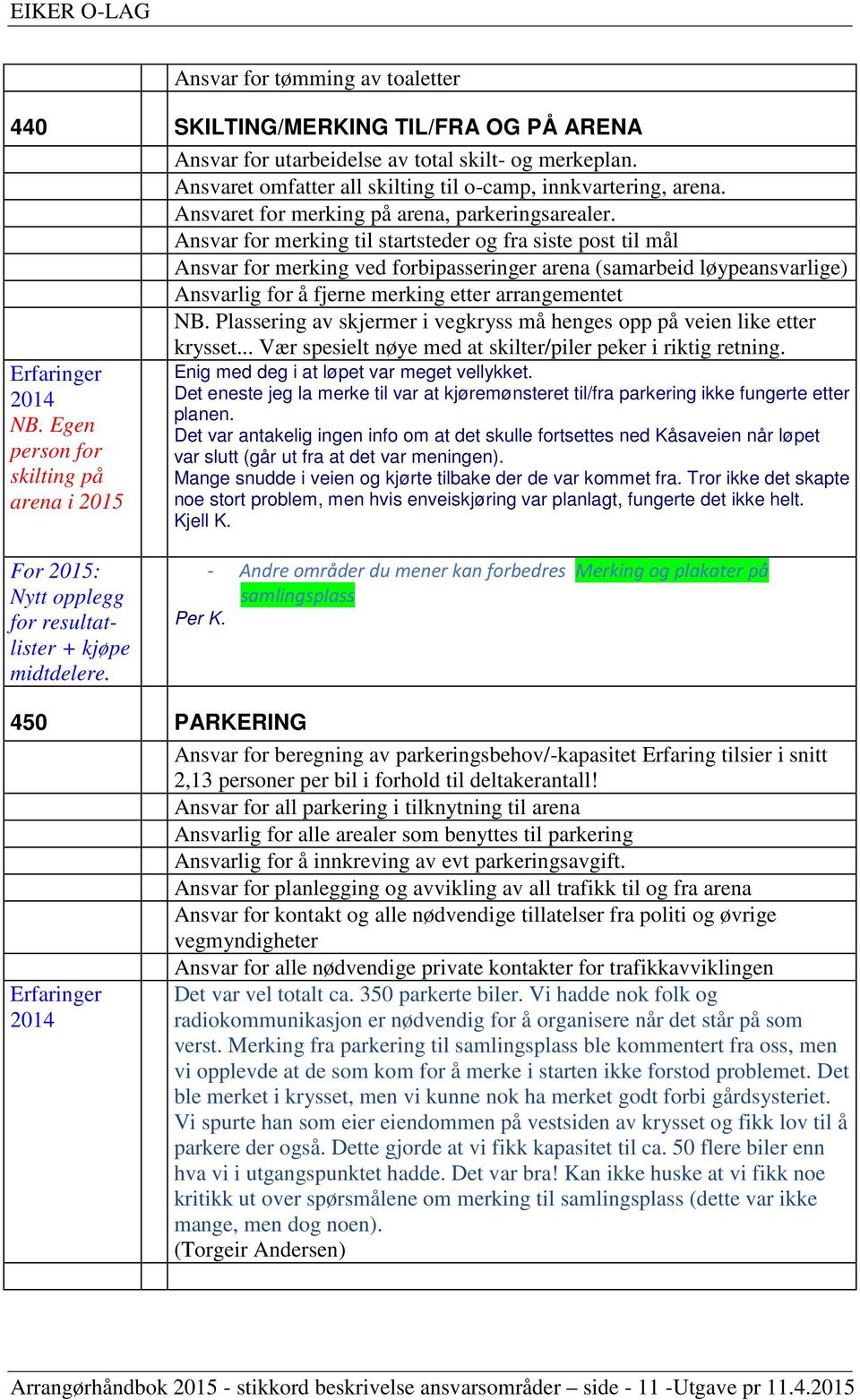 Ansvar for merking til startsteder og fra siste post til mål Ansvar for merking ved forbipasseringer arena (samarbeid løypeansvarlige) Ansvarlig for å fjerne merking etter arrangementet NB.