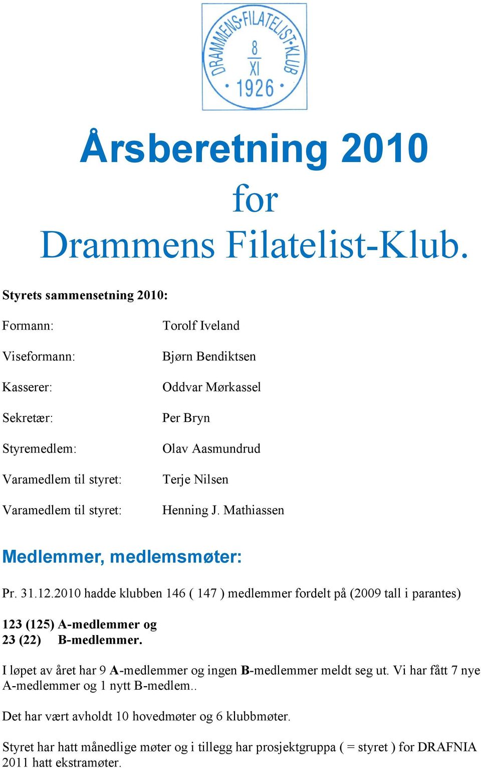 Bryn Olav Aasmundrud Terje Nilsen Henning J. Mathiassen Medlemmer, medlemsmøter: Pr. 31.12.