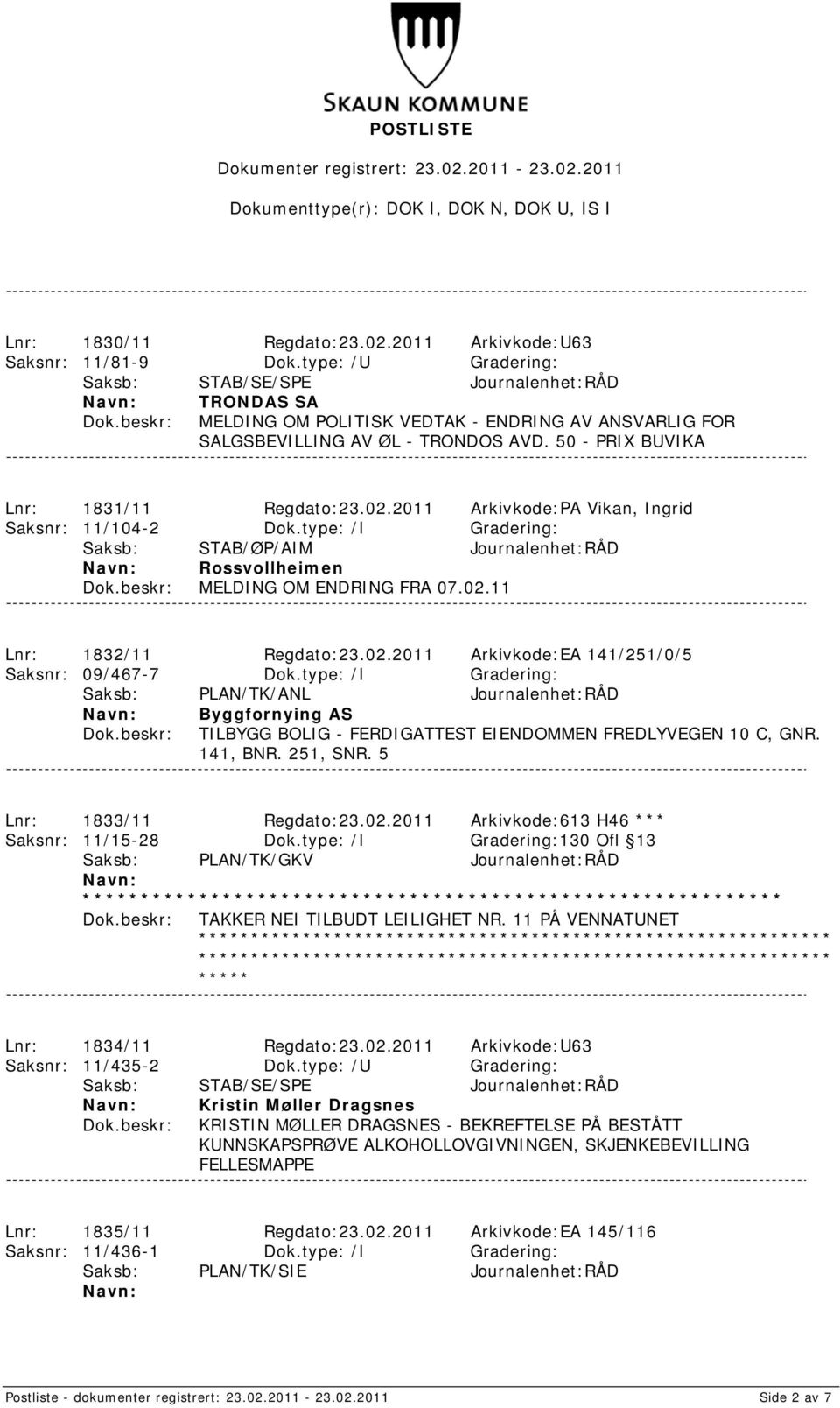 02.2011 Arkivkode:PA Vikan, Ingrid Saksnr: 11/104-2 Dok.type: /I Gradering: Saksb: STAB/ØP/AIM Journalenhet:RÅD Rossvollheimen MELDING OM ENDRING FRA 07.02.11 Lnr: 1832/11 Regdato:23.02.2011 Arkivkode:EA 141/251/0/5 Saksnr: 09/467-7 Dok.