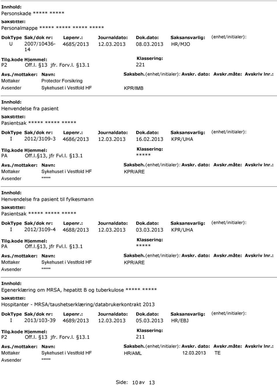 : KPR/ARE Henvendelse fra pasient til fylkesmann Pasientsak 2012/3109-4 4688/2013 03.03.2013 KPR/HA Avs./mottaker: Navn: Saksbeh. Avskr. dato: Avskr.måte: Avskriv lnr.