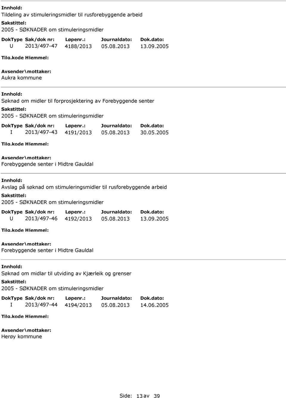Forebyggende senter i Midtre Gauldal Avslag på søknad om stimuleringsmidler til rusforebyggende arbeid 2013/497-46