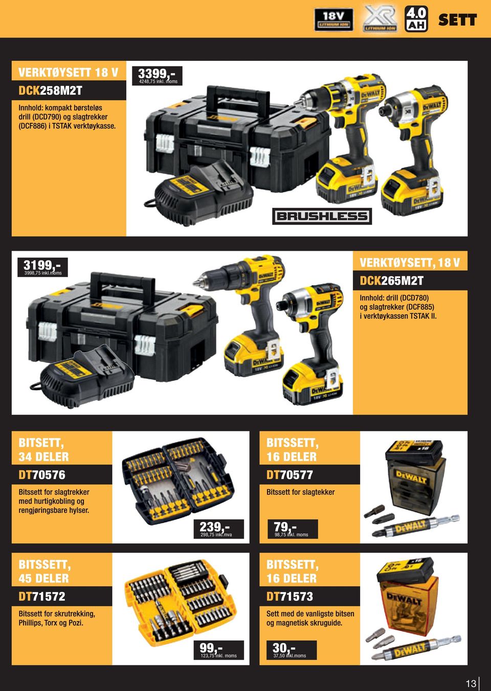 moms VERKTØYSETT, 18 V DCK265M2T BITSETT, 34 DELER DT70576 BITSSETT, 16 DELER
