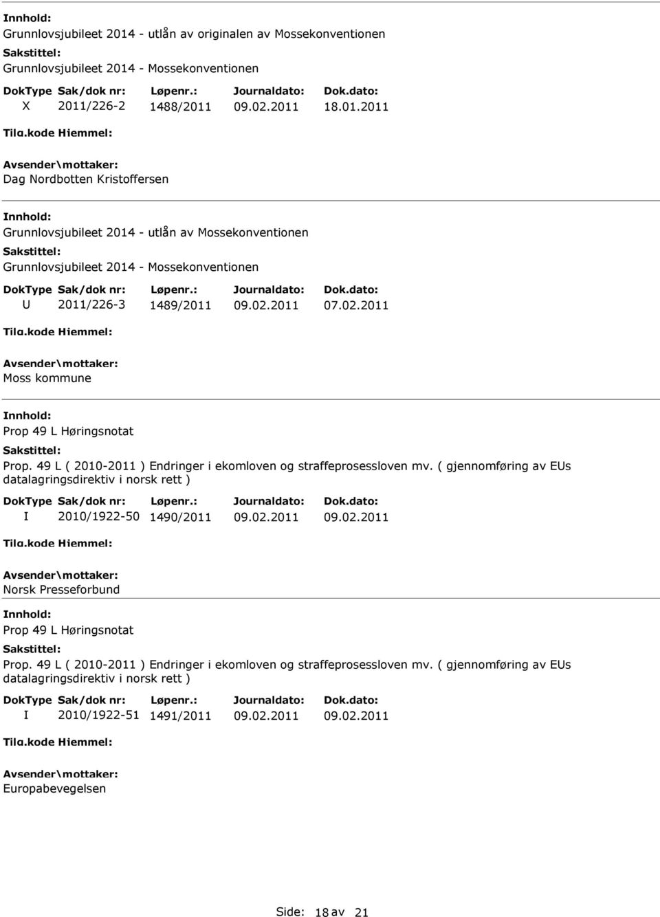 ( gjennomføring av Es datalagringsdirektiv i norsk rett ) 2010/1922-50 1490/2011 orsk Presseforbund Prop 49 L Høringsnotat Prop.