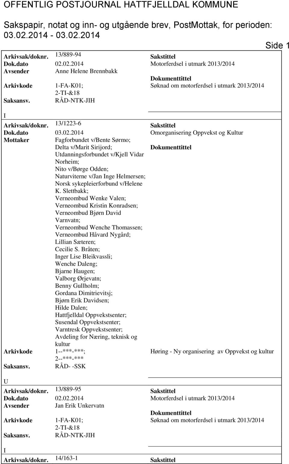 2014 Omorganisering Oppvekst og Kultur Mottaker Fagforbundet v/bente Sørmo; Delta v/marit Sirijord; tdanningsforbundet v/kjell Vidar Norheim; Nito v/børge Odden; Naturviterne v/jan nge Helmersen;