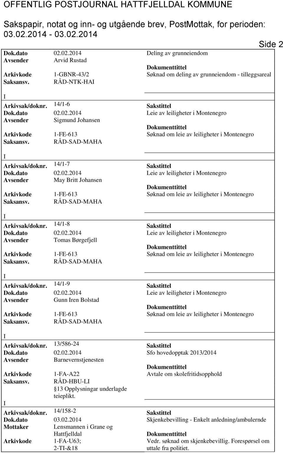 14/1-8 Sakstittel Avsender Tomas Børgefjell Arkivsak/doknr. 14/1-9 Sakstittel Avsender Gunn ren Bolstad Arkivsak/doknr. 13/586-24 Sakstittel Dok.dato 02.