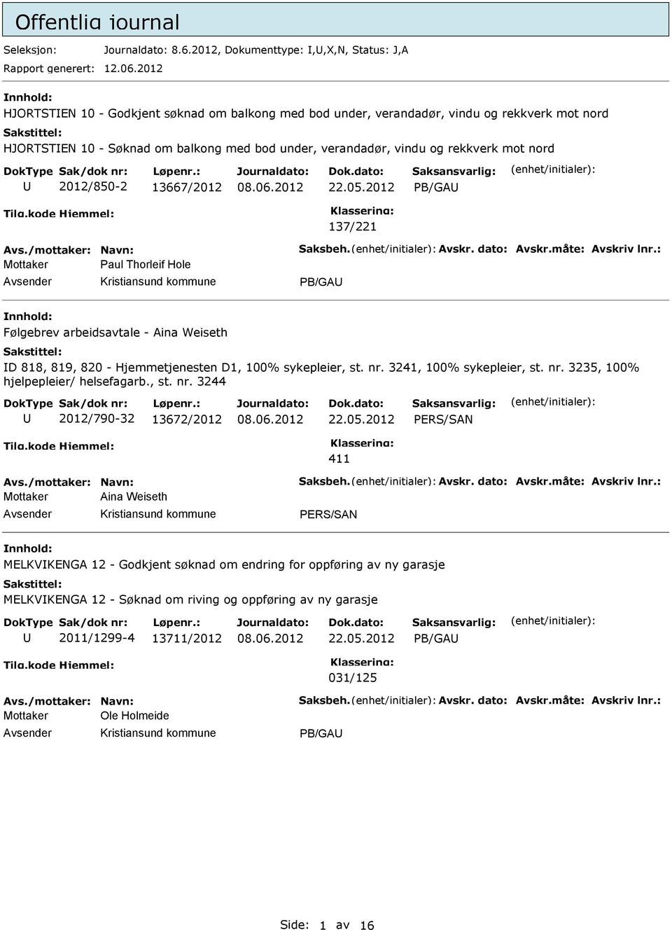 13667/2012 22.05.2012 PB/GA 137/221 Mottaker Paul Thorleif Hole PB/GA Følgebrev arbeidsavtale - Aina Weiseth D 818, 819, 820 - Hjemmetjenesten D1, 100% sykepleier, st. nr. 3241, 100% sykepleier, st.