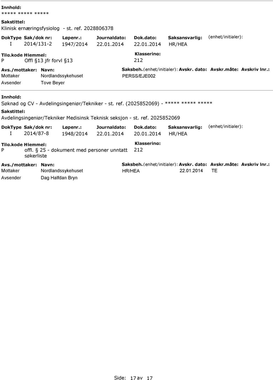 (2025852069) - Avdelingsingeniør/Tekniker Medisinsk Teknisk seksjon - st. ref. 2025852069 2014/87-8 1948/2014 offl.