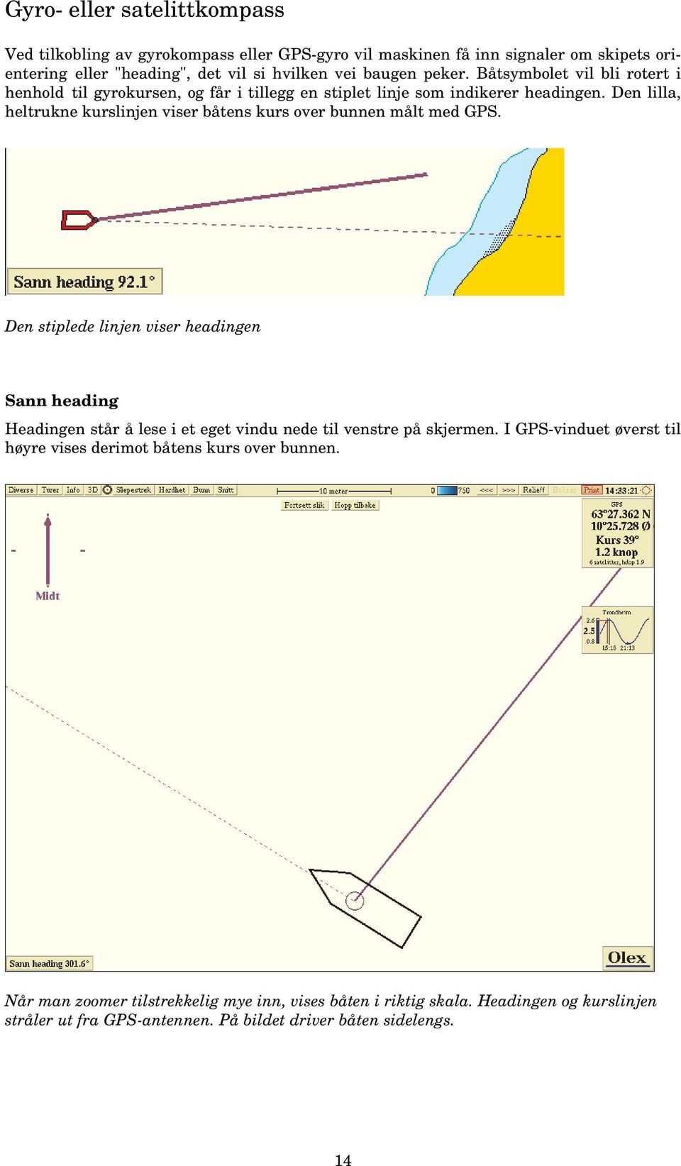 Den lilla, heltrukne kurslinjen viser båtens kurs over bunnen målt med GPS.