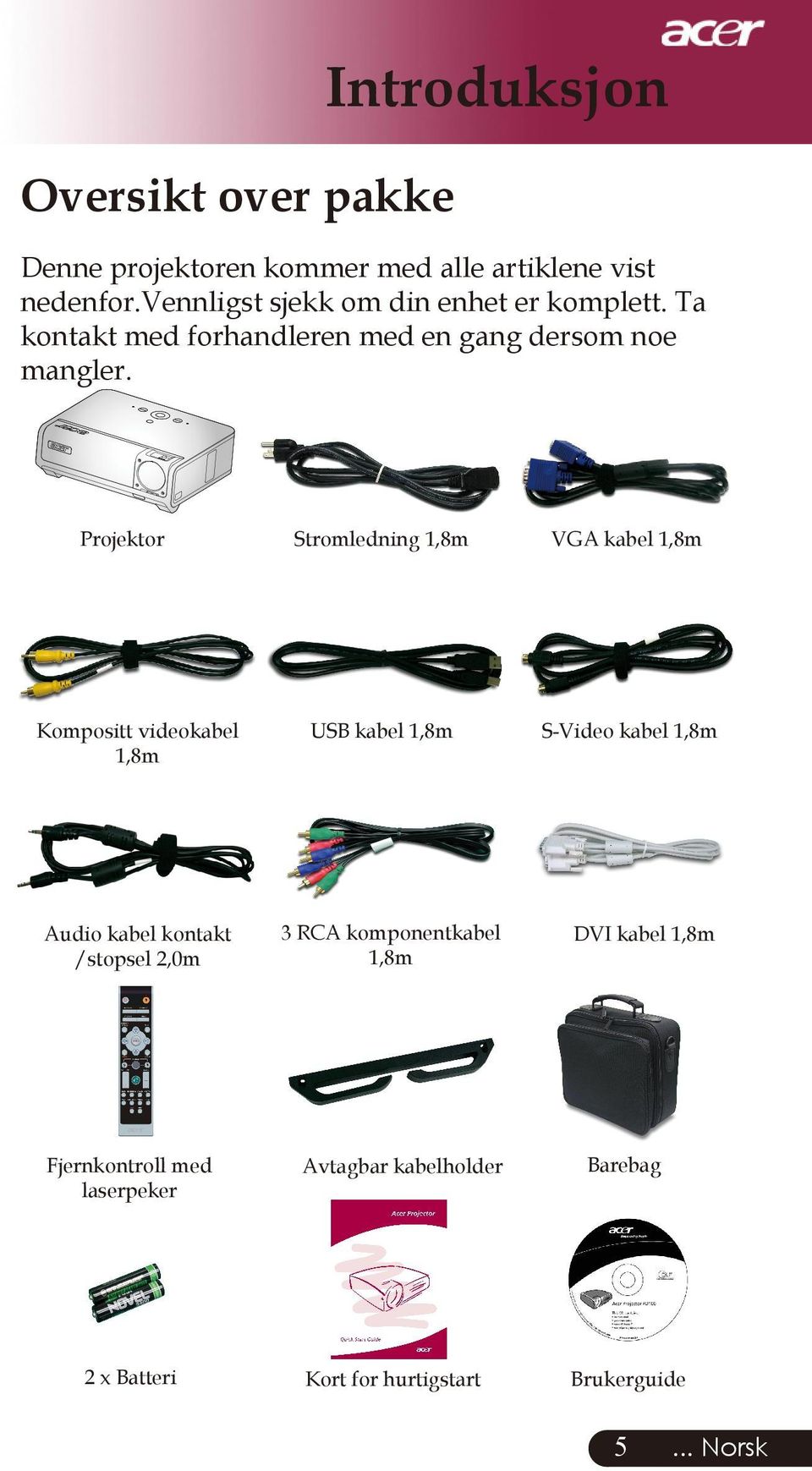 Projektor Kompositt videokabel 1,8m Audio kabel kontakt /stopsel 2,0m Fjernkontroll med laserpeker 2 x Batteri