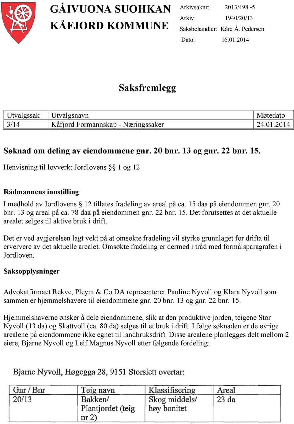 Henvisning til lovverk: Jordlovens 1 og 12 Rådmannens innstilling I medhold av Jordlovens 12 tillates fradeling av areal på ca. 15 daa på eiendommen gnr. 20 bnr. 13 og areal på ca.