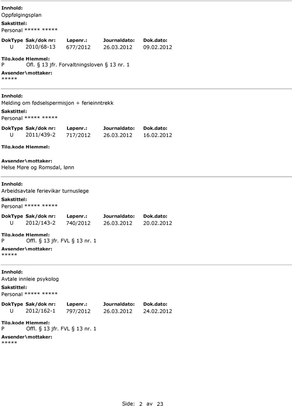 1 Melding om fødselspermisjon + ferieinntrekk ersonal 2011/439-2 717/2012 16.02.