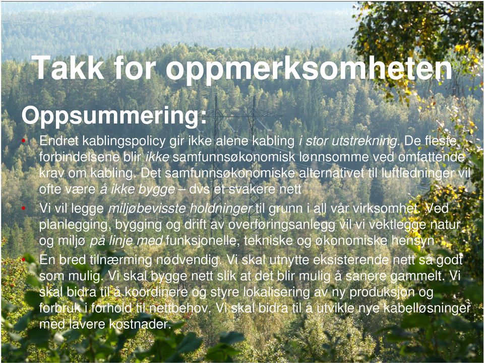 Ved planlegging, bygging og drift av overføringsanlegg vil vi vektlegge natur og miljø på linje med funksjonelle, tekniske og økonomiske hensyn En bred tilnærming nødvendig.