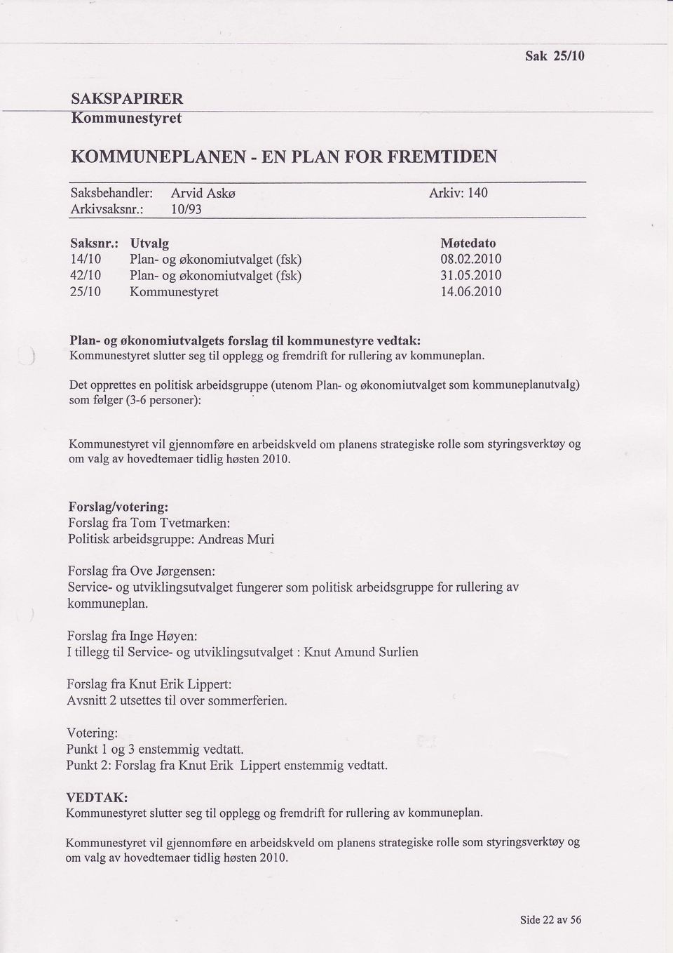 2010 ' Plan- og okonomiutvalgets forslag til kommunestyre vedtak: Det opprettes en politisk arbeidsgruppe (utenom Plan- og skonomiutvalget som kommuneplanutvalg) som folger (3-6 personer):