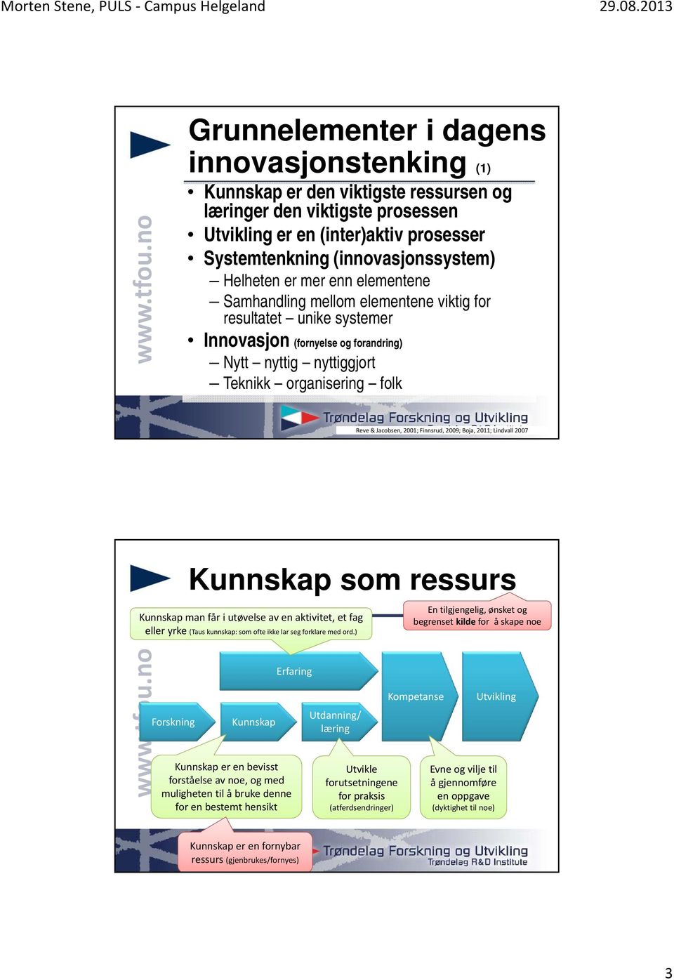 Jacobsen, 2001; Finnsrud, 2009; Boja, 2011; Lindvall 2007 Kunnskap som ressurs Kunnskap man får i utøvelse av en aktivitet, et fag eller yrke (Taus kunnskap: som ofte ikke lar seg forklare med ord.