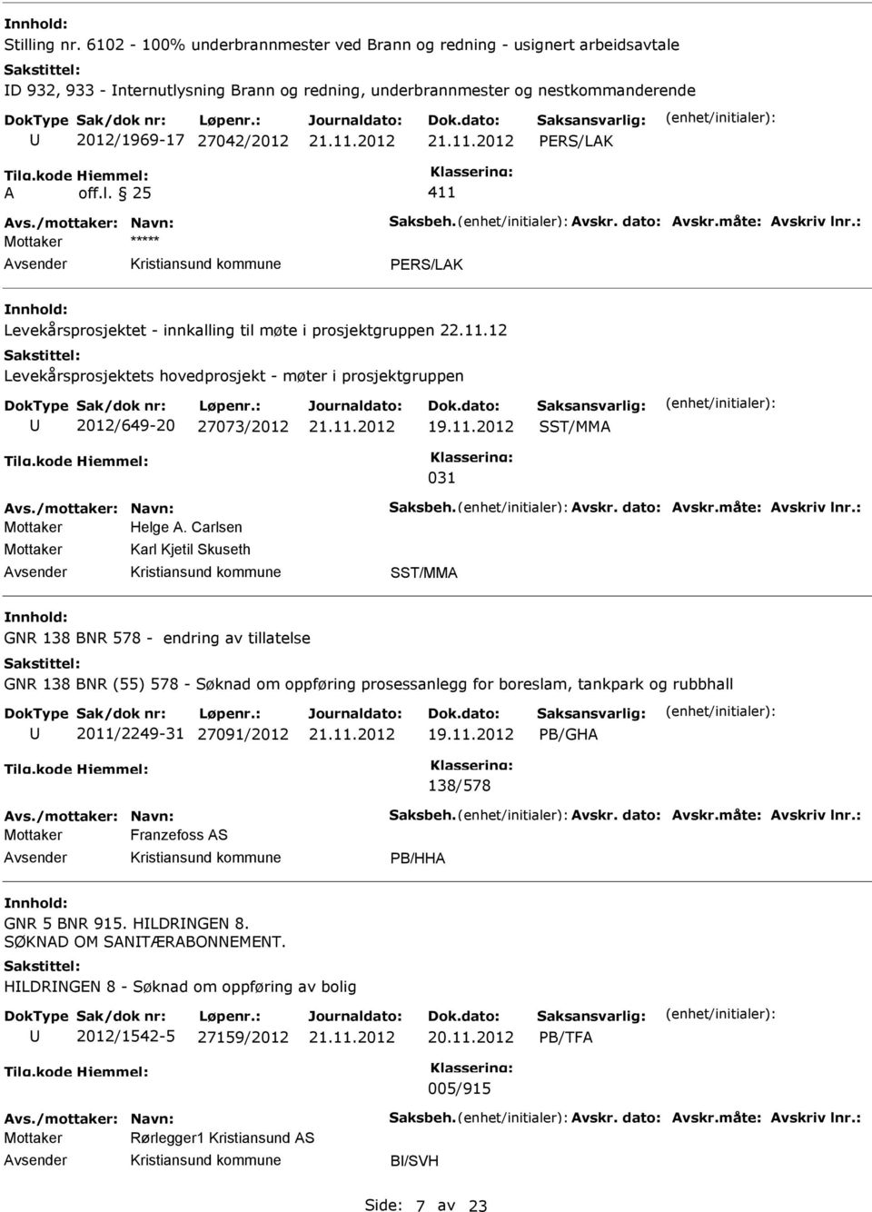 /mottaker: Navn: Saksbeh. Avskr. dato: Avskr.måte: Avskriv lnr.: Mottaker PRS/LAK Levekårsprosjektet - innkalling til møte i prosjektgruppen 22.11.