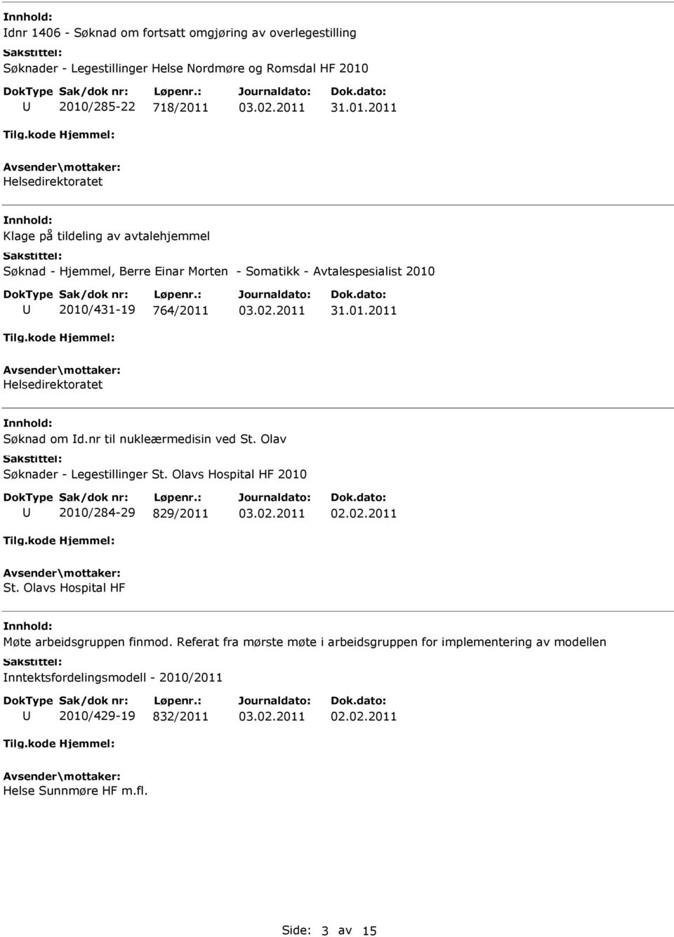 01.2011 Helsedirektoratet Søknad om d.nr til nukleærmedisin ved St. Olav Søknader - Legestillinger St. Olavs Hospital HF 2010 2010/284-29 829/2011 02.02.2011 St.