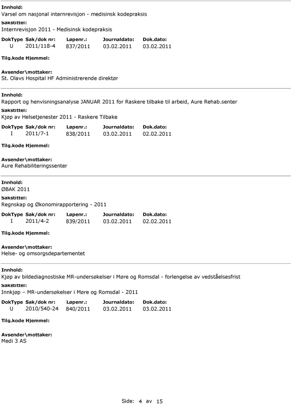 senter Kjøp av Helsetjenester 2011 - Raskere Tilbake 2011/7-1 838/2011 02.