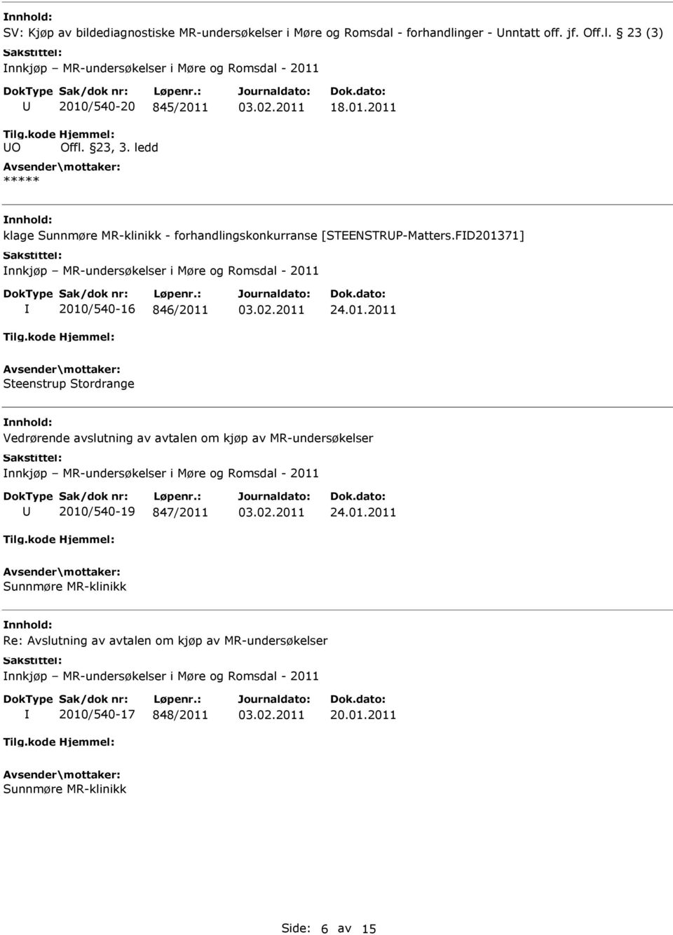 FD201371] nnkjøp MR-undersøkelser i Møre og Romsdal - 2011 2010/540-16 846/2011 24.01.2011 Steenstrup Stordrange Vedrørende avslutning av avtalen om kjøp av MR-undersøkelser nnkjøp MR-undersøkelser i Møre og Romsdal - 2011 2010/540-19 847/2011 24.