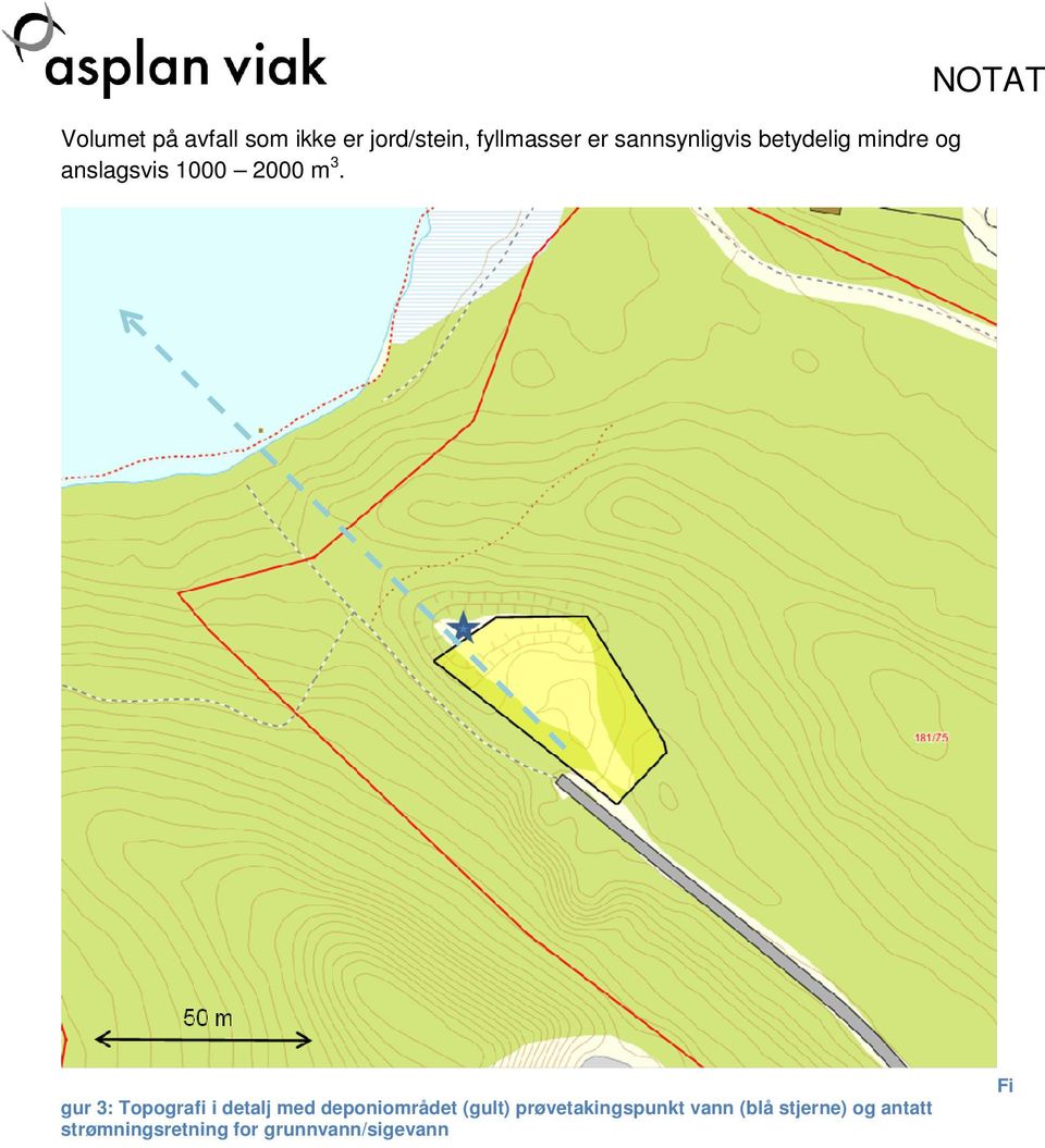 NOTAT gur 3: Topografi i detalj med deponiområdet (gult)