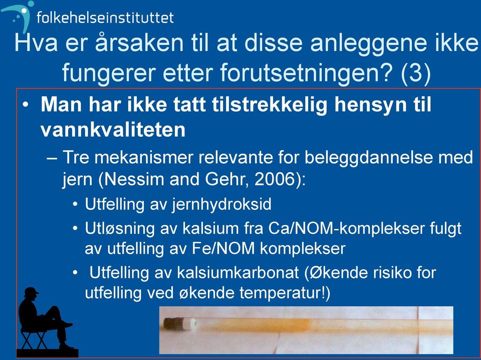 beleggdannelse med jern (Nessim and Gehr, 2006): Utfelling av jernhydroksid Utløsning av kalsium fra
