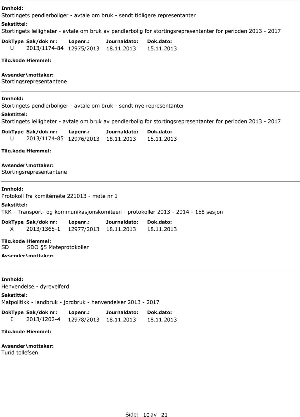 stortingsrepresentanter for perioden 2013-2017 2013/1174-85 12976/2013 Stortingsrepresentantene Protokoll fra komitémøte 221013 - møte nr 1 TKK - Transport- og kommunikasjonskomiteen -