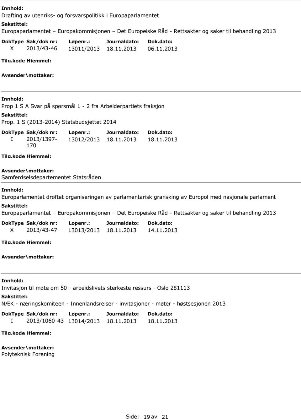 2013 Prop 1 S A Svar på spørsmål 1-2 fra Arbeiderpartiets fraksjon 2013/1397-170 13012/2013 Samferdselsdepartementet Statsråden Europarlamentet drøftet organiseringen av parlamentarisk