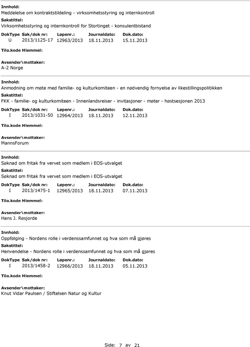 11.2013 MannsForum Søknad om fritak fra vervet som medlem i EOS-utvalget Søknad om fritak fra vervet som medlem i EOS-utvalget 2013/1475-1 12965/2013 07.11.2013 Hans J.