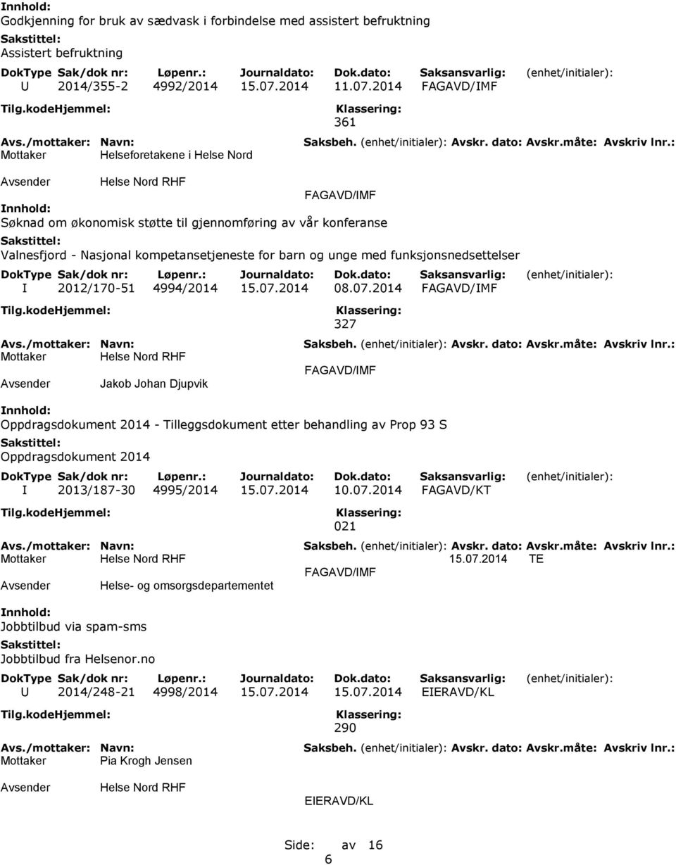 2014 FAGAVD/IMF Helseforetakene i Helse Nord 361 FAGAVD/IMF Søknad om økonomisk støtte til gjennomføring av vår konferanse Valnesfjord - Nasjonal kompetansetjeneste for barn og unge med