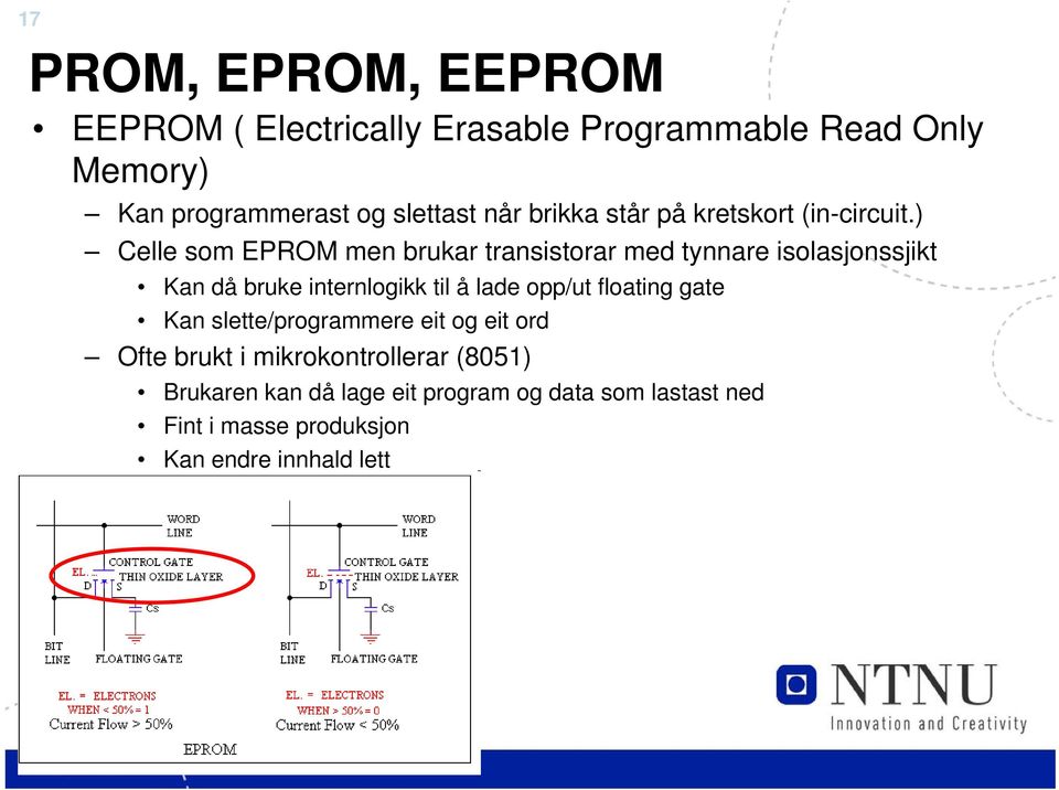 ) Celle som EPROM men brukar transistorar med tynnare isolasjonssjikt Kan då bruke internlogikk til å lade opp/ut